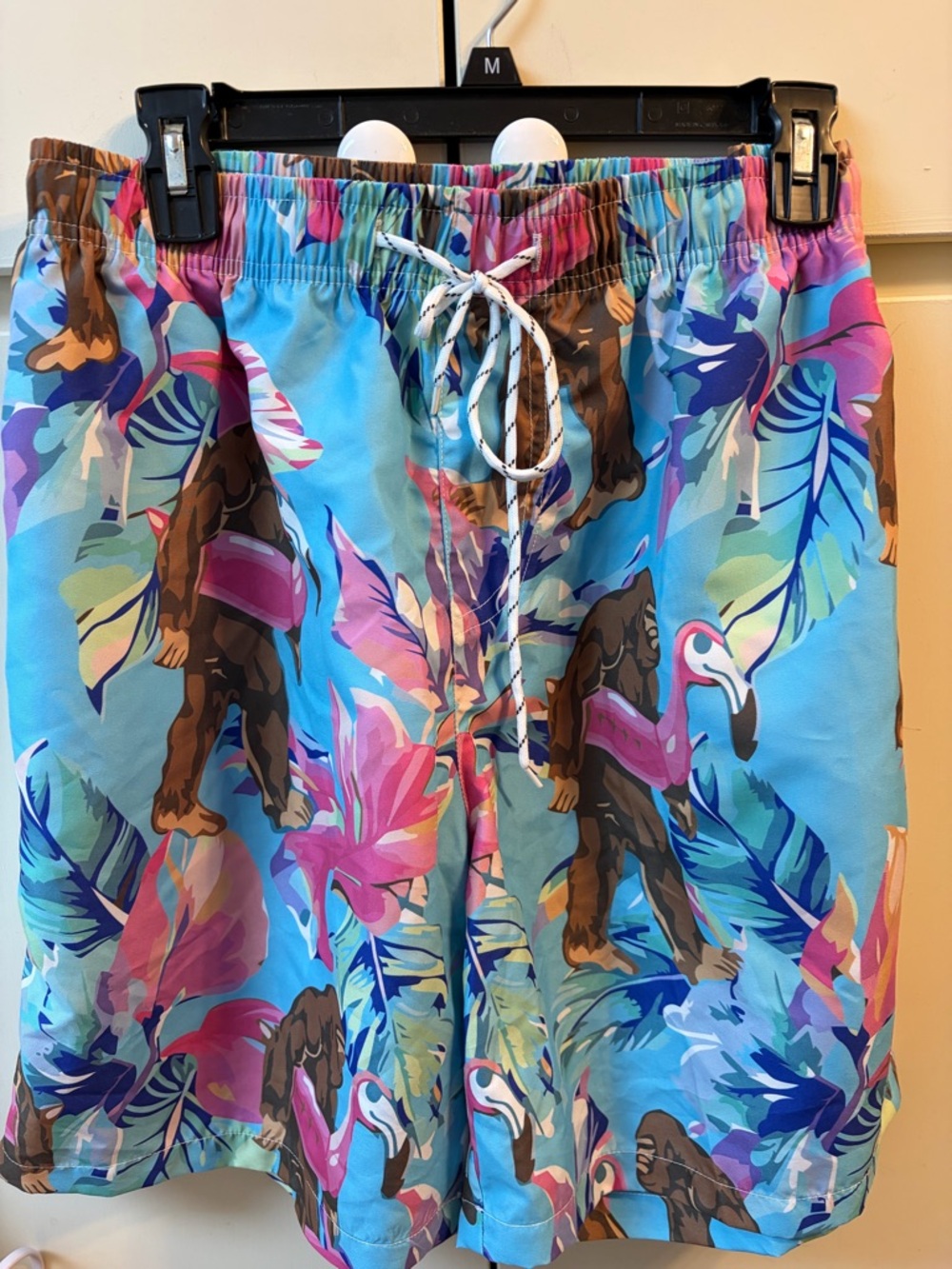 Men's Tropical Bigfoot Flamingo Print Swim Trunks - Blue